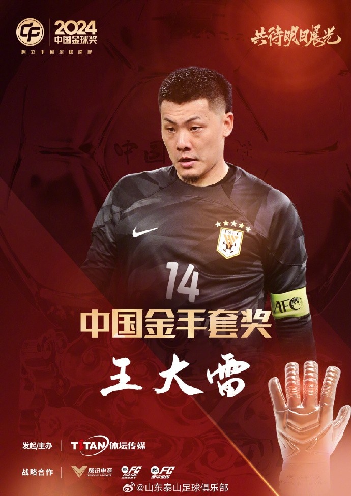  王大雷榮獲中國金手套獎，謝文能入選中國金球獎候選人前三名