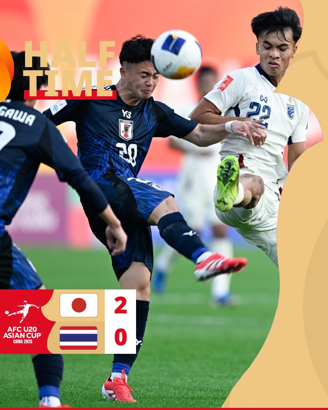  半場(chǎng)-日本U20 2-0領(lǐng)先泰國(guó)U20，石井久繼破門+中柱 泰國(guó)0射正