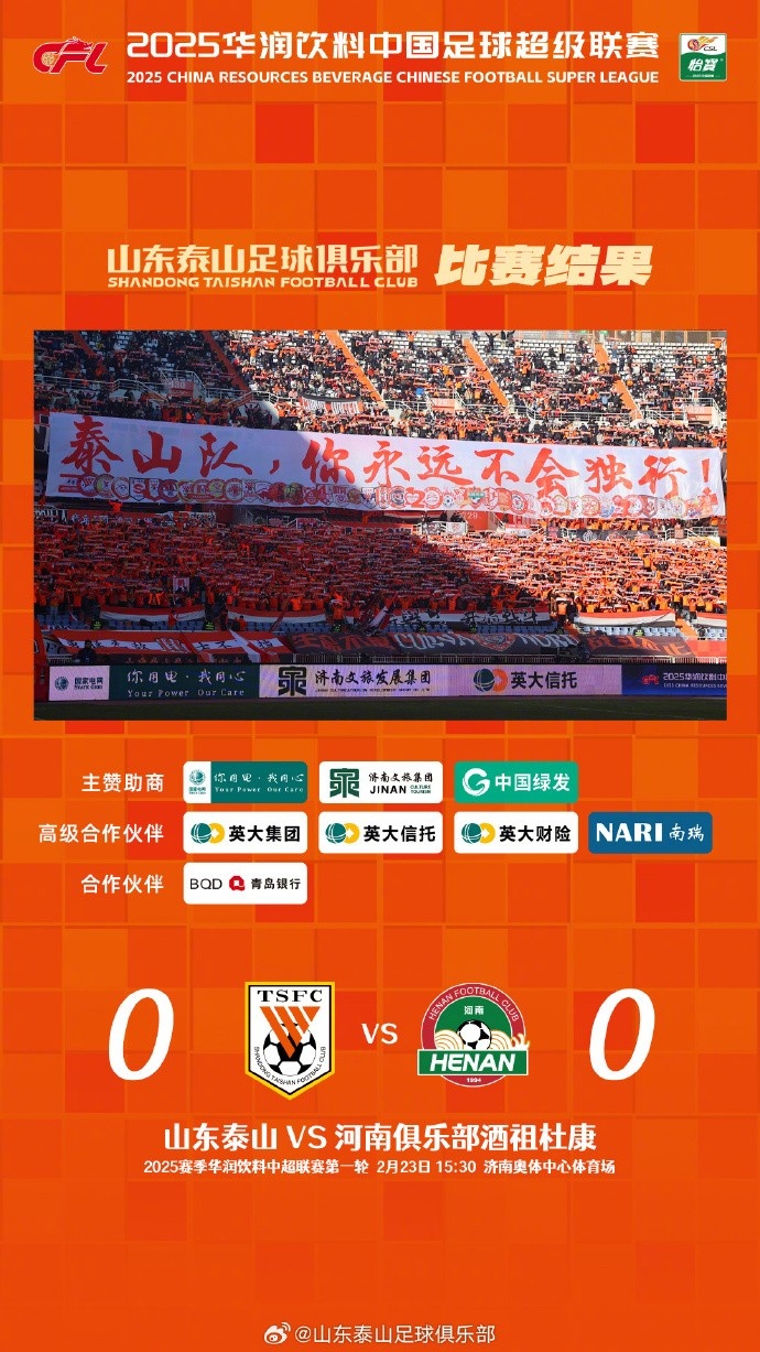  中超首戰(zhàn)，泰山隊(duì)雖未取勝，但全隊(duì)展現(xiàn)出了頑強(qiáng)的拼搏精神