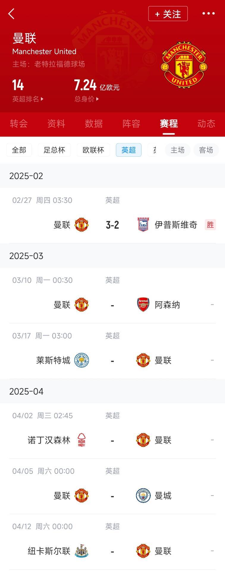 藍狐救一下？曼聯(lián)未來5輪將遭遇英超2/3/4/6名：槍手森林曼城紐卡