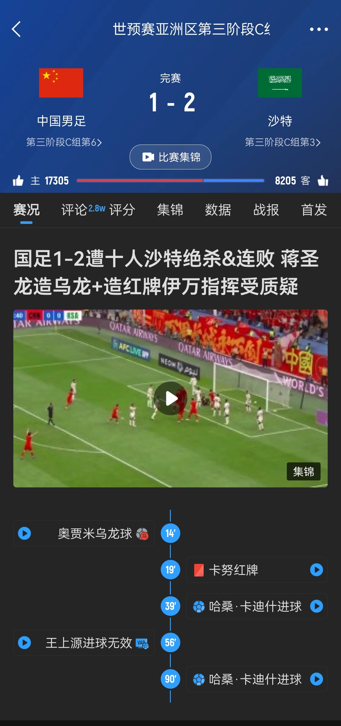  今天什么劇本？首戰(zhàn)沙特也是半場(chǎng)紅牌+蔣光太傷退，最后國(guó)足被翻
