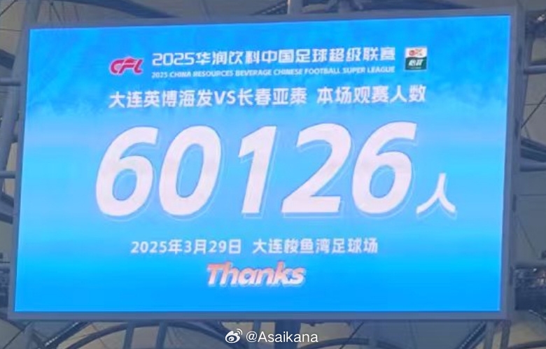  中超歷史第二！英博首個中超主場觀眾60126名 僅次2012年南京奧體